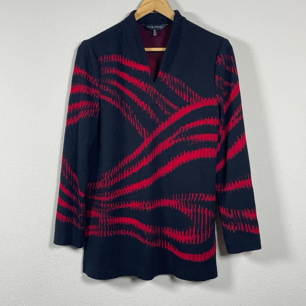 Ming Wang Knit Tunic Top Women M Black Red Excellent Abstract V-Neck Long Slv